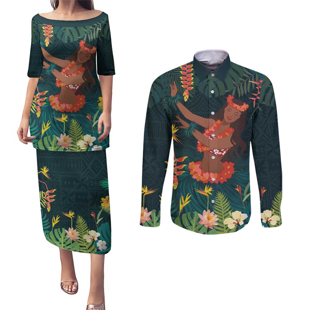 Hawaii Hula Girl Vintage Couples Matching Puletasi and Long Sleeve Button Shirt Tropical Forest