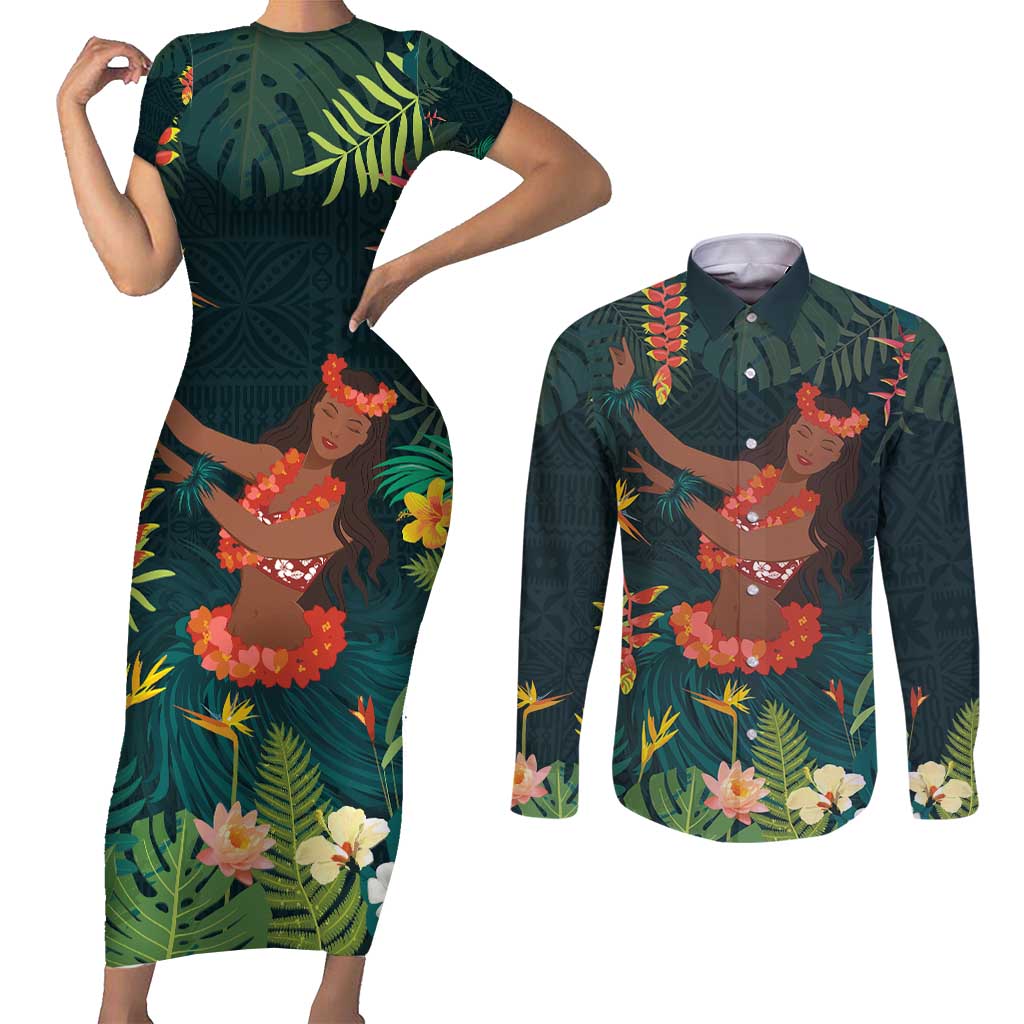 Hawaii Hula Girl Vintage Couples Matching Short Sleeve Bodycon Dress and Long Sleeve Button Shirt Tropical Forest LT7 Colorful - Polynesian Pride