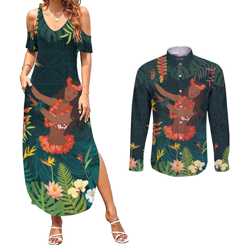 Hawaii Hula Girl Vintage Couples Matching Summer Maxi Dress and Long Sleeve Button Shirt Tropical Forest LT7 Colorful - Polynesian Pride