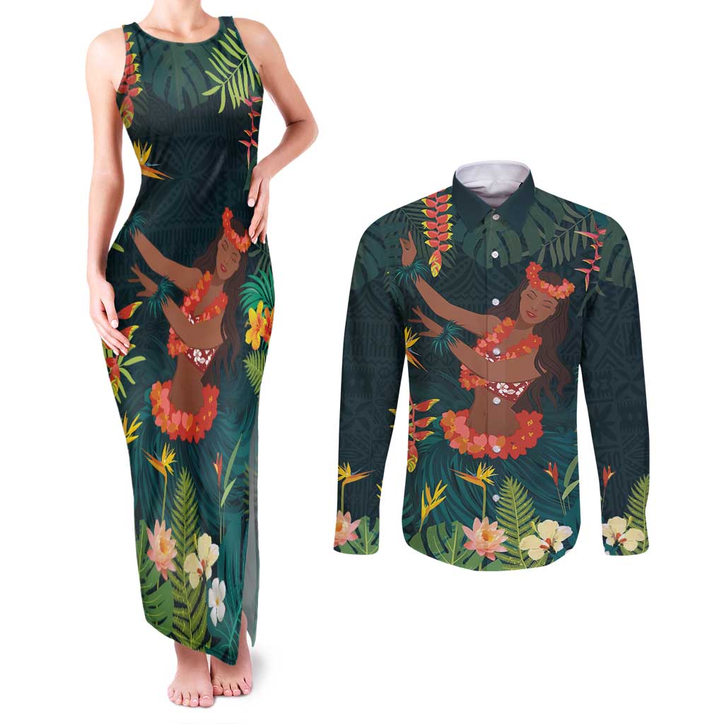 Hawaii Hula Girl Vintage Couples Matching Tank Maxi Dress and Long Sleeve Button Shirt Tropical Forest LT7 Colorful - Polynesian Pride