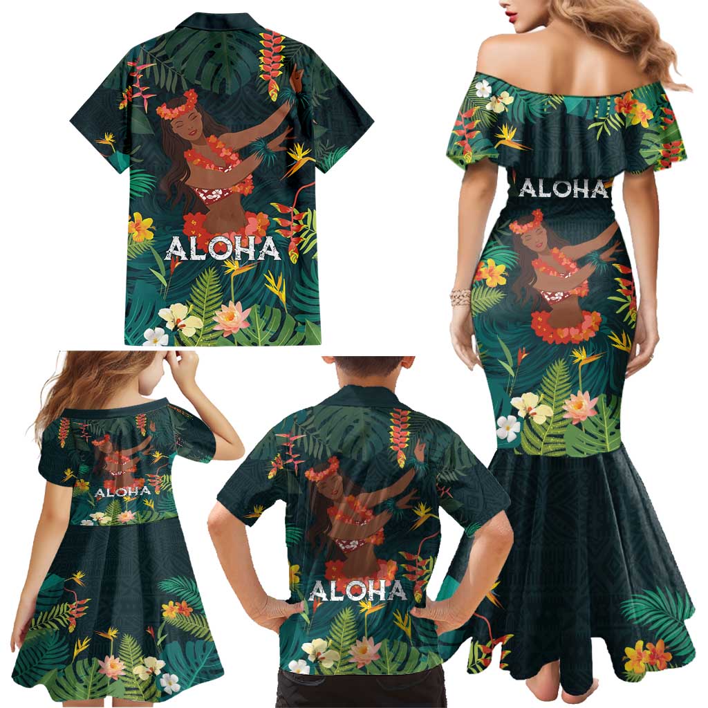 Hawaii Hula Girl Vintage Family Matching Mermaid Dress and Hawaiian Shirt Tropical Forest