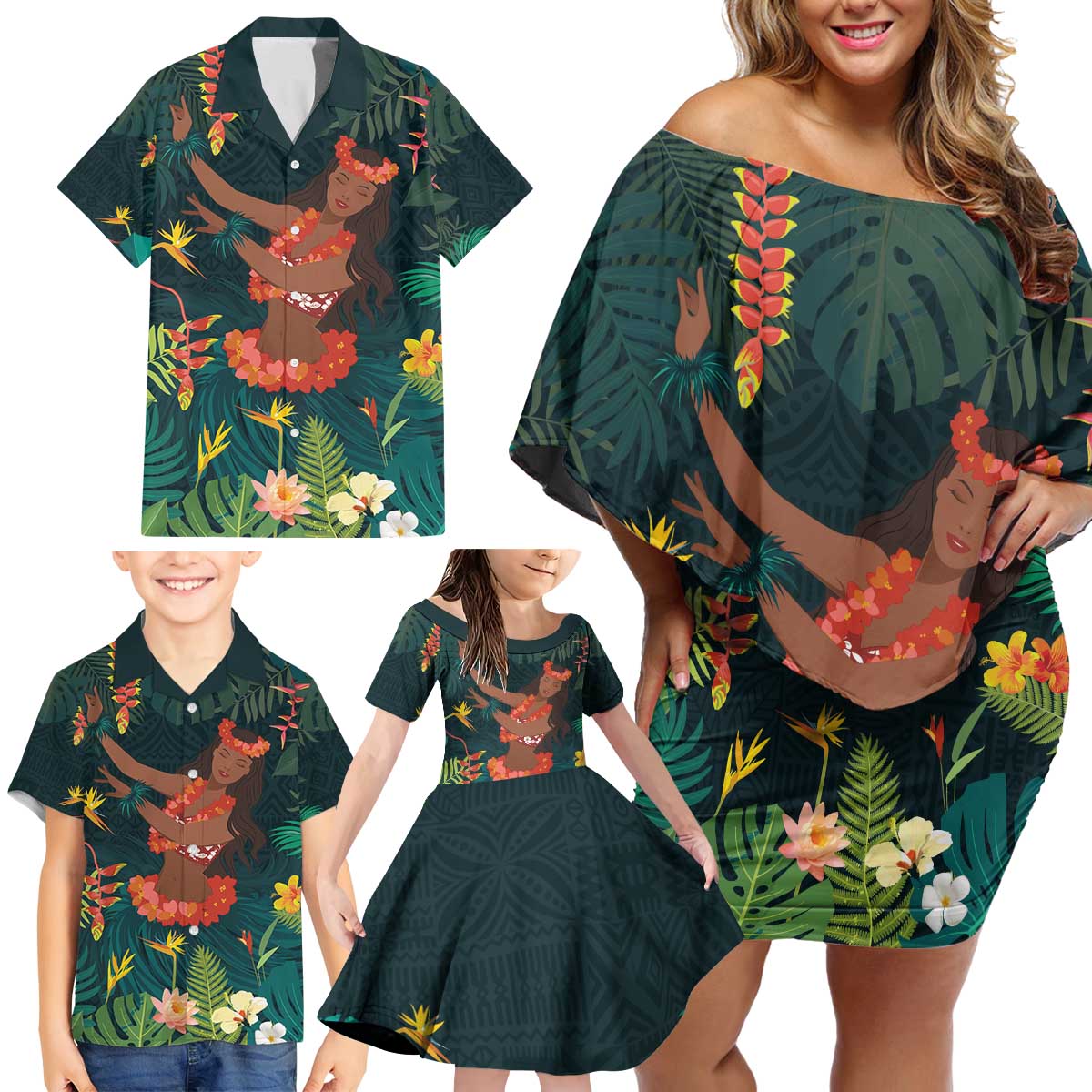 Hawaii Hula Girl Vintage Family Matching Off Shoulder Short Dress and Hawaiian Shirt Tropical Forest LT7 - Polynesian Pride