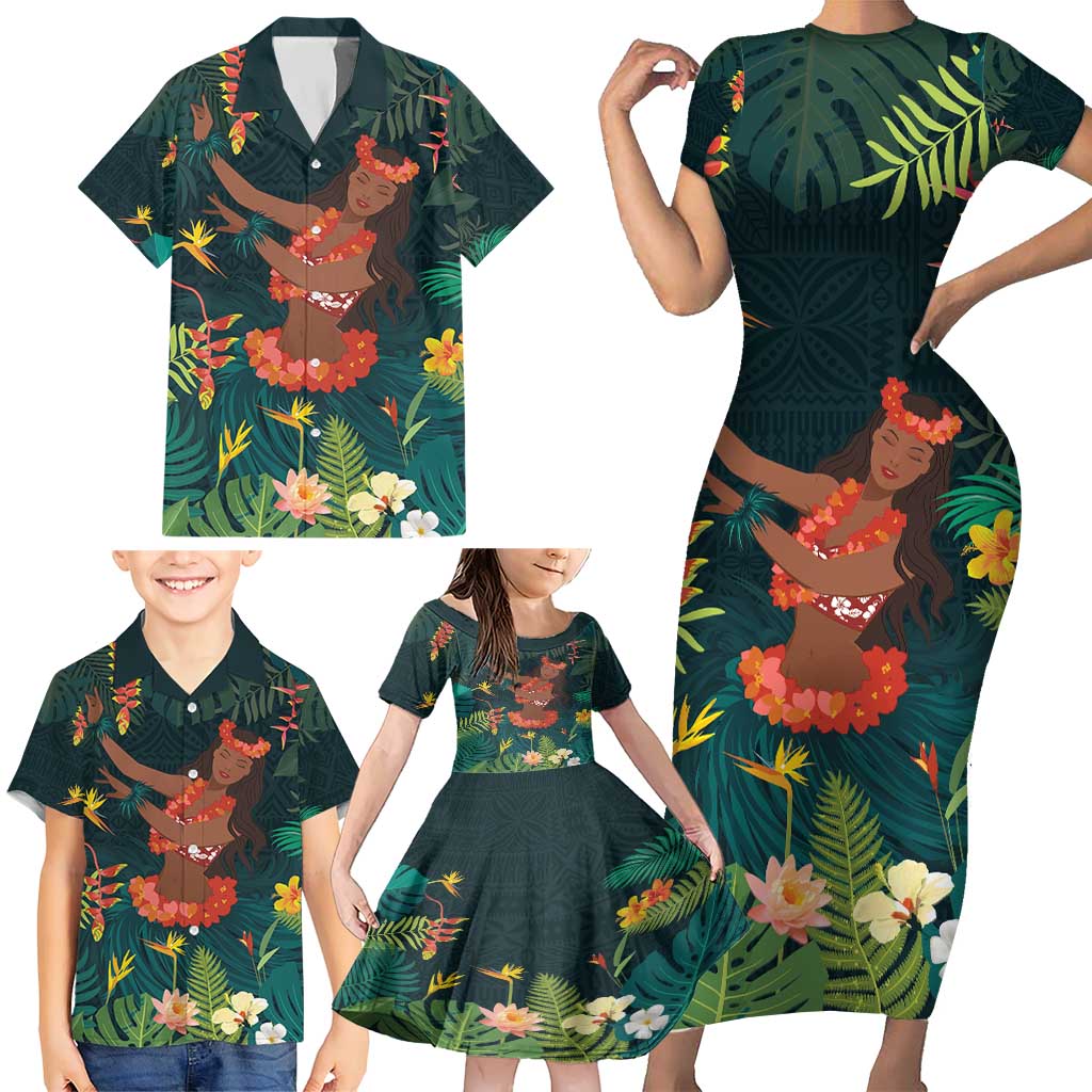 Hawaii Hula Girl Vintage Family Matching Short Sleeve Bodycon Dress and Hawaiian Shirt Tropical Forest LT7 - Polynesian Pride