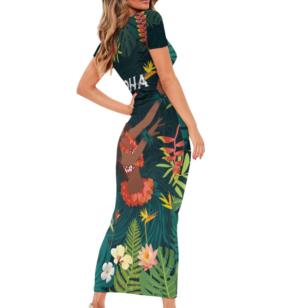 Hawaii Hula Girl Vintage Family Matching Short Sleeve Bodycon Dress and Hawaiian Shirt Tropical Forest