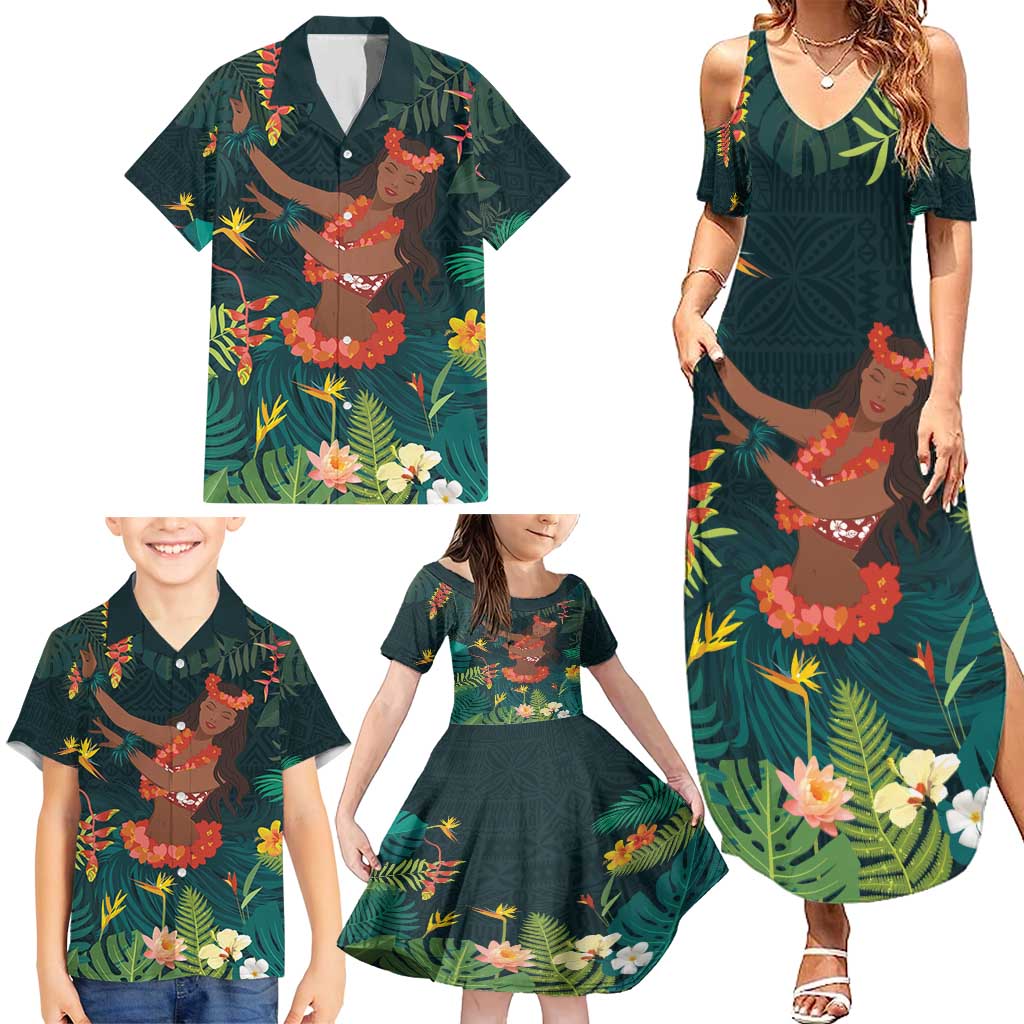 Hawaii Hula Girl Vintage Family Matching Summer Maxi Dress and Hawaiian Shirt Tropical Forest LT7 - Polynesian Pride