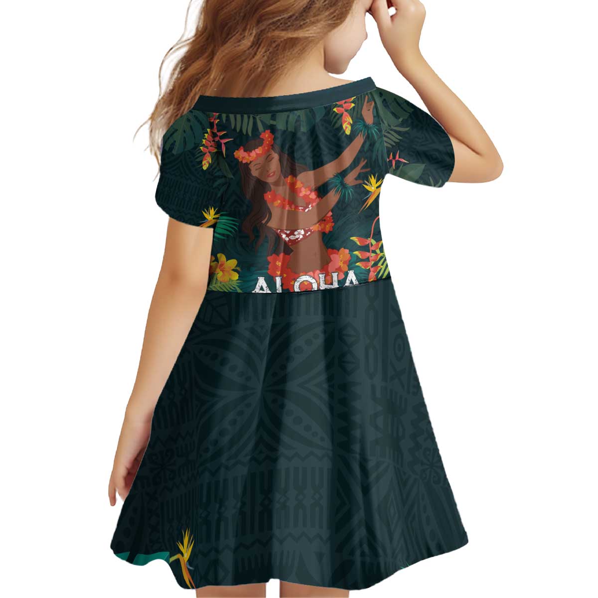 Hawaii Hula Girl Vintage Kid Short Sleeve Dress Tropical Forest