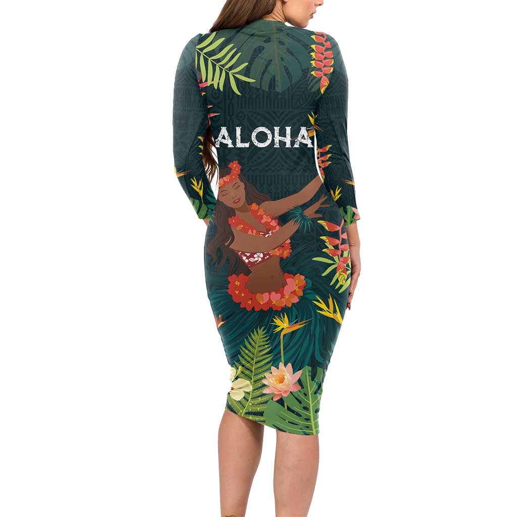 Hawaii Hula Girl Vintage Long Sleeve Bodycon Dress Tropical Forest