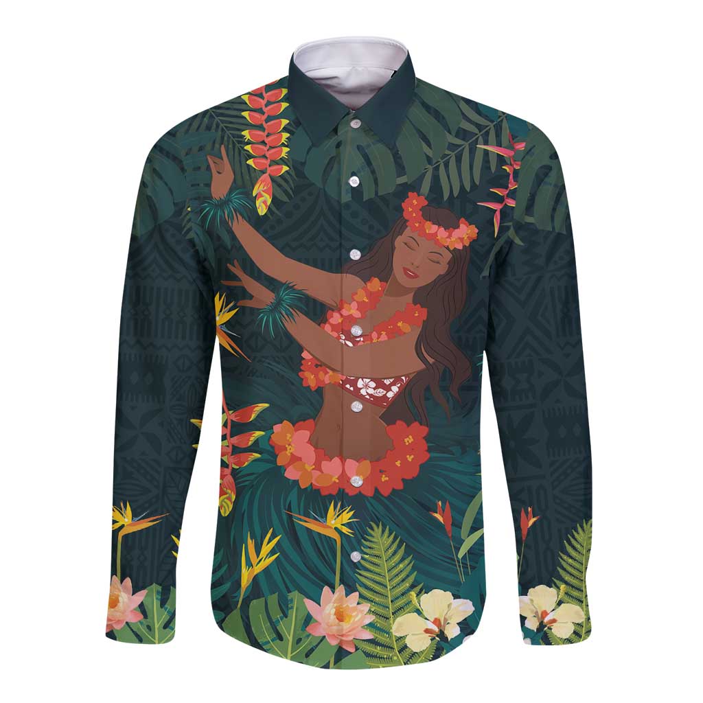 Hawaii Hula Girl Vintage Long Sleeve Button Shirt Tropical Forest LT7 Unisex Colorful - Polynesian Pride