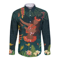 Hawaii Hula Girl Vintage Long Sleeve Button Shirt Tropical Forest