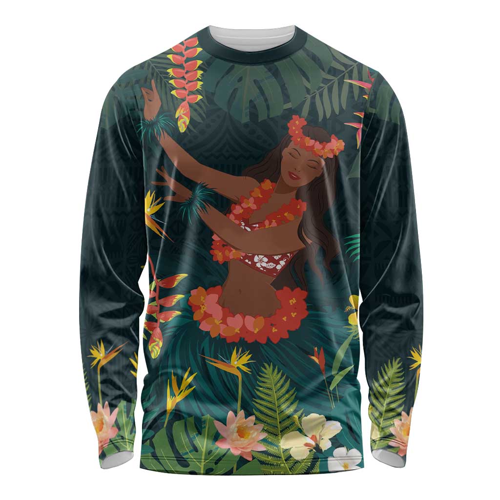 Hawaii Hula Girl Vintage Long Sleeve Shirt Tropical Forest LT7 Unisex Colorful - Polynesian Pride
