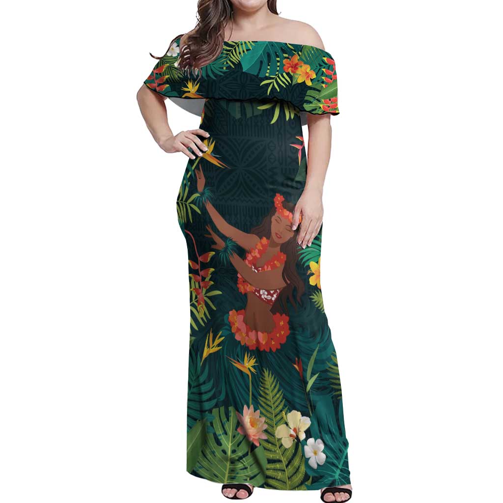 Hawaii Hula Girl Vintage Off Shoulder Maxi Dress Tropical Forest