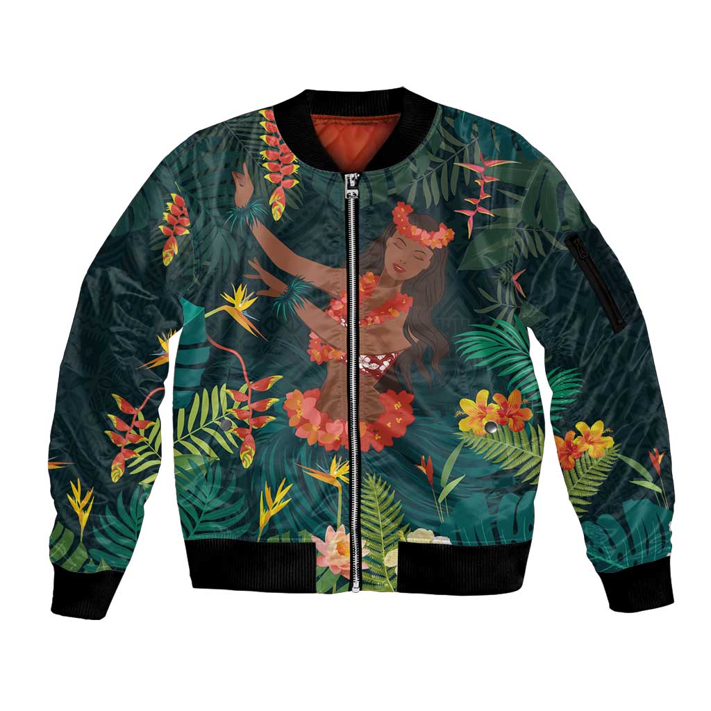 Hawaii Hula Girl Vintage Sleeve Zip Bomber Jacket Tropical Forest LT7 Unisex Colorful - Polynesian Pride