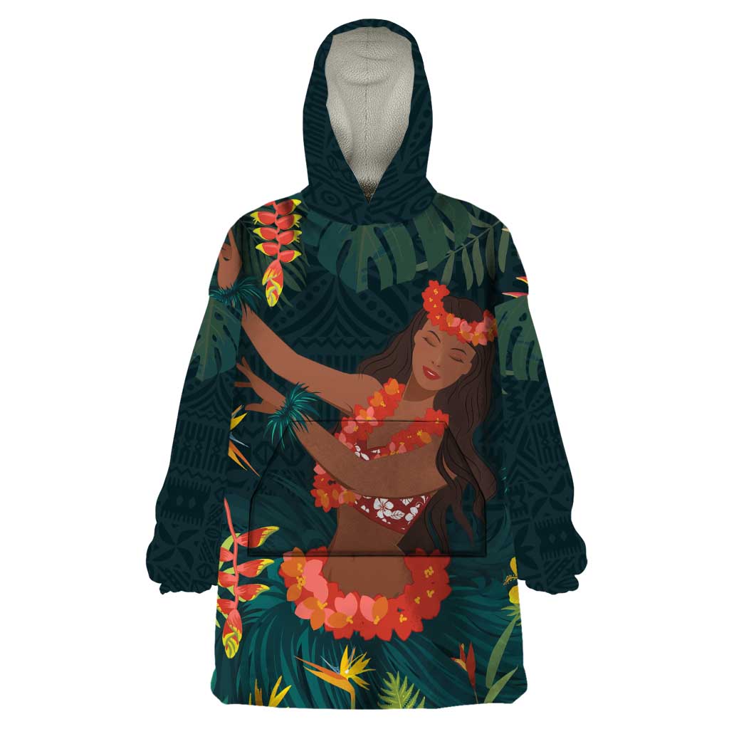 Hawaii Hula Girl Vintage Wearable Blanket Hoodie Tropical Forest LT7 One Size Colorful - Polynesian Pride