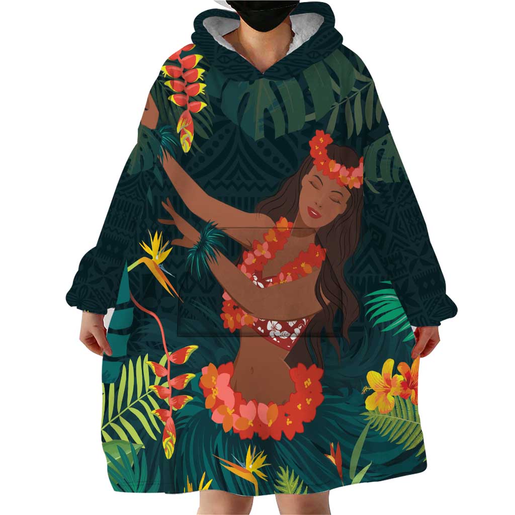 Hawaii Hula Girl Vintage Wearable Blanket Hoodie Tropical Forest