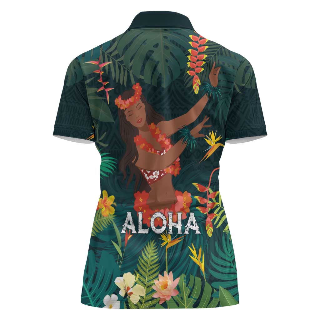Hawaii Hula Girl Vintage Women Polo Shirt Tropical Forest