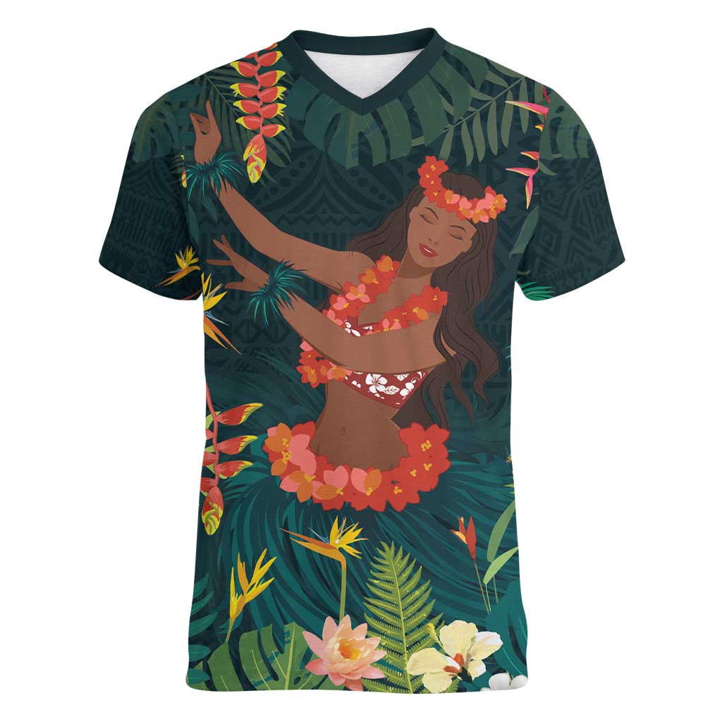 Hawaii Hula Girl Vintage Women V-Neck T-Shirt Tropical Forest LT7 Female Colorful - Polynesian Pride