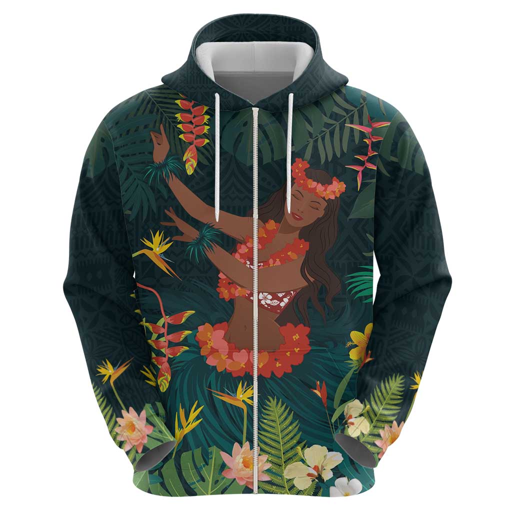 Hawaii Hula Girl Vintage Zip Hoodie Tropical Forest