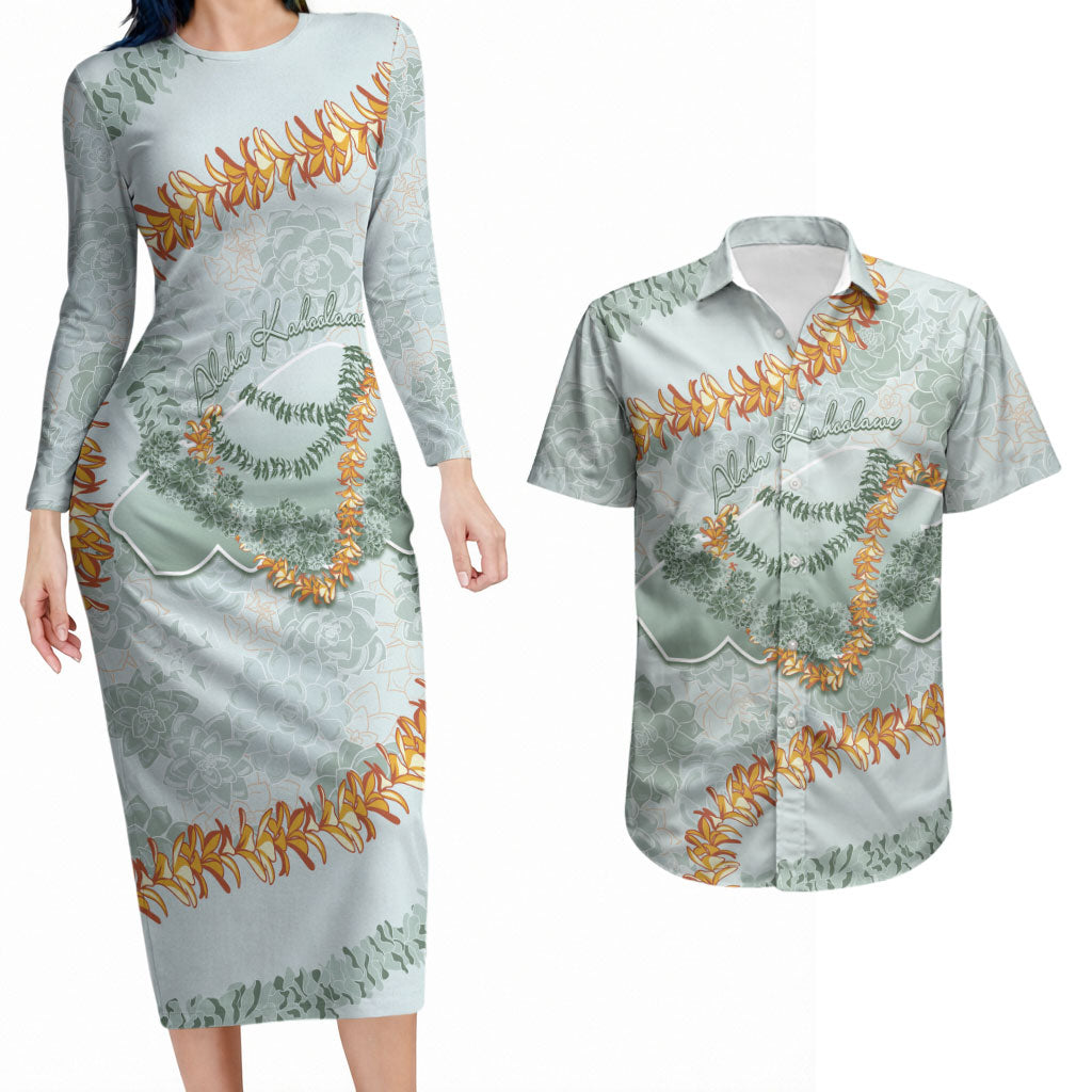 Hawaii Kaho'olawe Island Flowers Lei Couples Matching Long Sleeve Bodycon Dress and Hawaiian Shirt Silver Hinahina Kū Kahakai