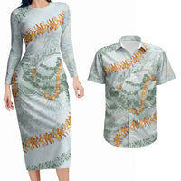 Hawaii Kaho'olawe Island Flowers Lei Couples Matching Long Sleeve Bodycon Dress and Hawaiian Shirt Silver Hinahina Kū Kahakai