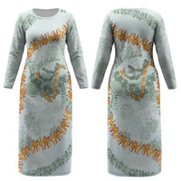Hawaii Kaho'olawe Island Flowers Lei Couples Matching Long Sleeve Bodycon Dress and Hawaiian Shirt Silver Hinahina Kū Kahakai