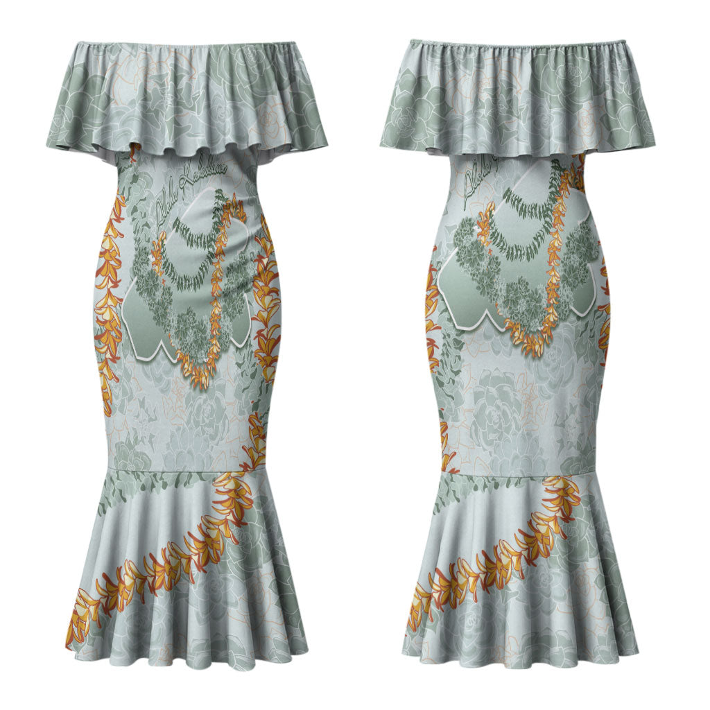 Hawaii Kaho'olawe Island Flowers Lei Couples Matching Mermaid Dress and Hawaiian Shirt Silver Hinahina Kū Kahakai