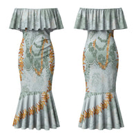 Hawaii Kaho'olawe Island Flowers Lei Couples Matching Mermaid Dress and Hawaiian Shirt Silver Hinahina Kū Kahakai