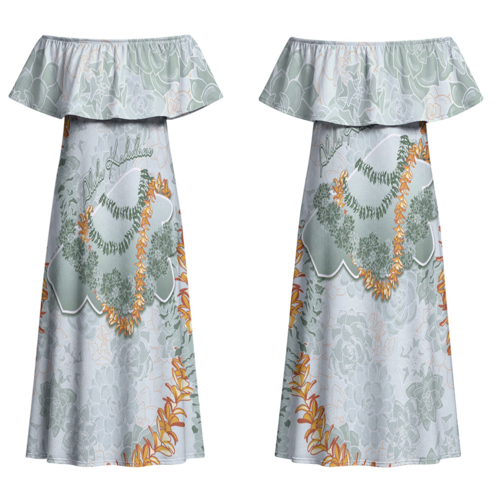 Hawaii Kaho'olawe Island Flowers Lei Couples Matching Off Shoulder Maxi Dress and Long Sleeve Button Shirt Silver Hinahina Kū Kahakai