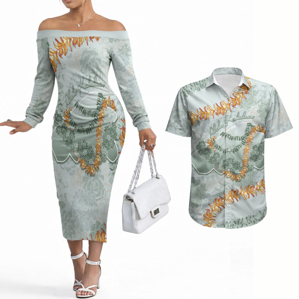 Hawaii Kaho'olawe Island Flowers Lei Couples Matching Off The Shoulder Long Sleeve Dress and Hawaiian Shirt Silver Hinahina Kū Kahakai