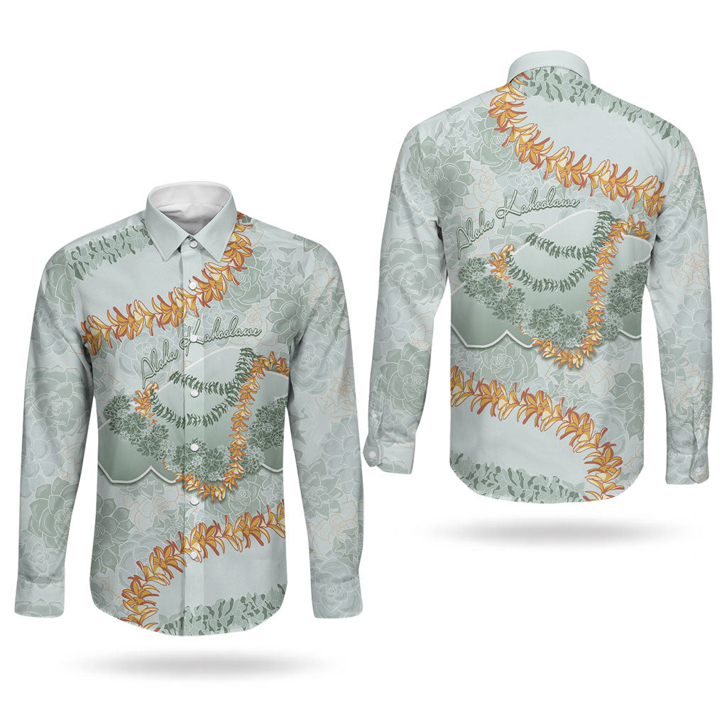 Hawaii Kaho'olawe Island Flowers Lei Couples Matching Off The Shoulder Long Sleeve Dress and Long Sleeve Button Shirt Silver Hinahina Kū Kahakai