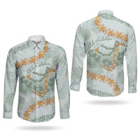 Hawaii Kaho'olawe Island Flowers Lei Couples Matching Off The Shoulder Long Sleeve Dress and Long Sleeve Button Shirt Silver Hinahina Kū Kahakai
