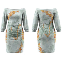 Hawaii Kaho'olawe Island Flowers Lei Couples Matching Off The Shoulder Long Sleeve Dress and Long Sleeve Button Shirt Silver Hinahina Kū Kahakai