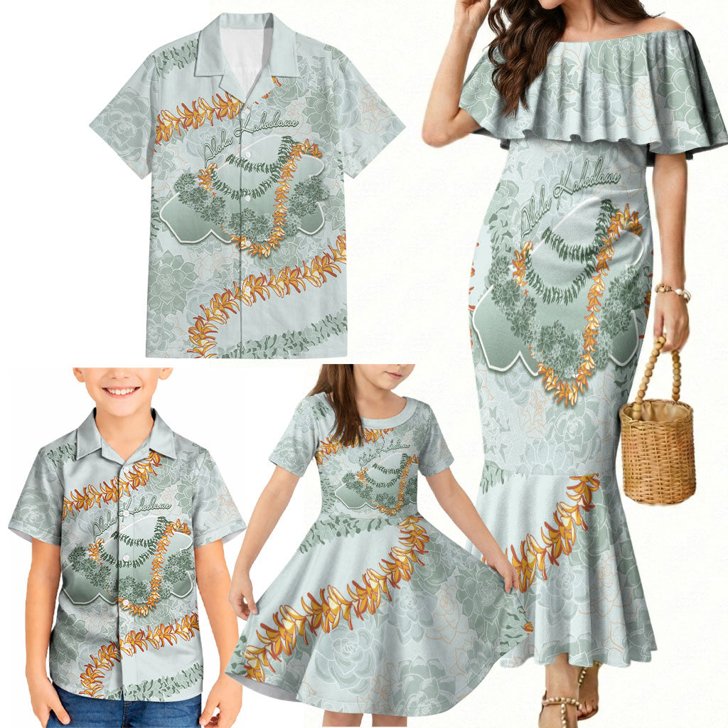 Hawaii Kaho'olawe Island Flowers Lei Family Matching Mermaid Dress and Hawaiian Shirt Silver Hinahina Kū Kahakai