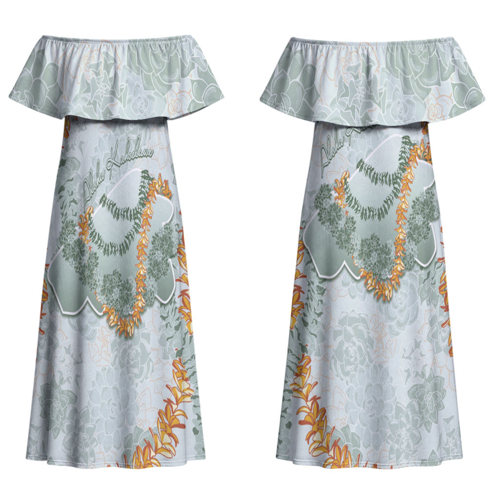 Hawaii Kaho'olawe Island Flowers Lei Family Matching Off Shoulder Maxi Dress and Hawaiian Shirt Silver Hinahina Kū Kahakai