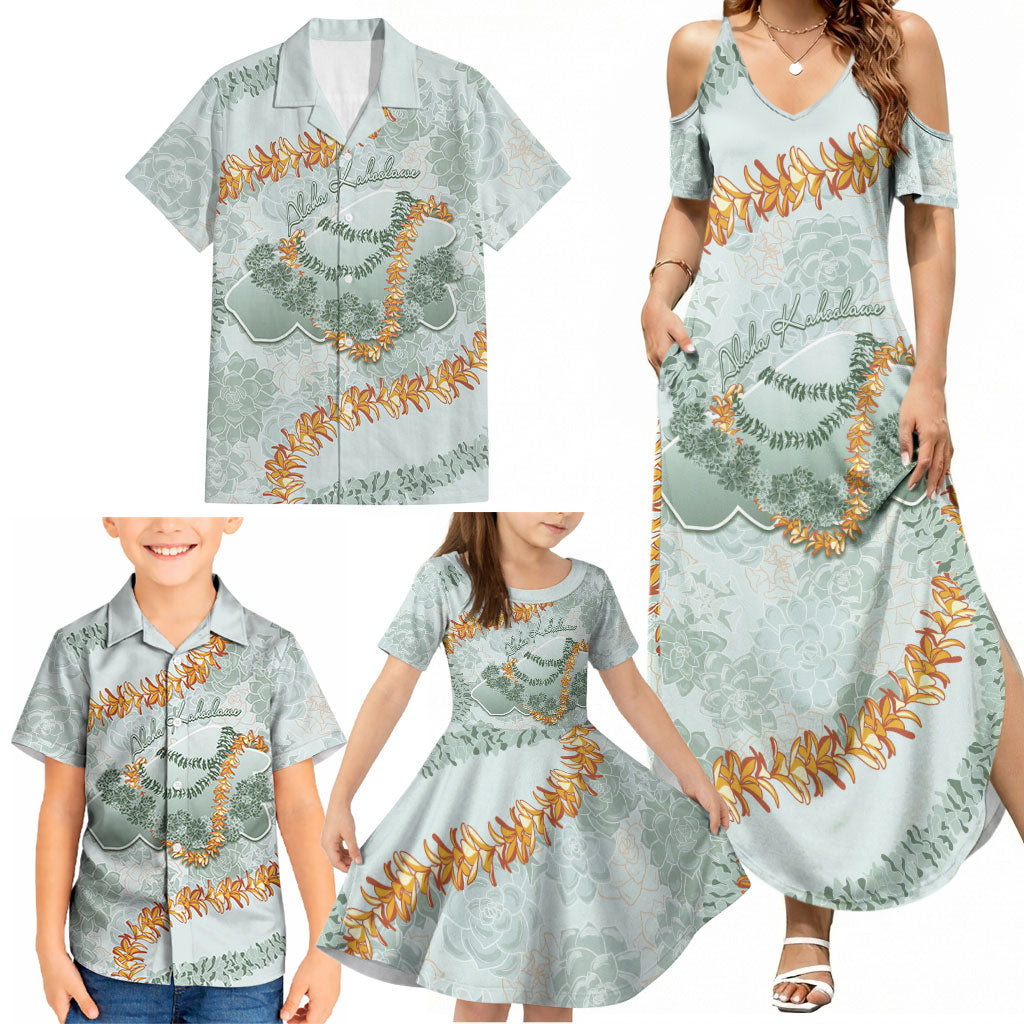 Hawaii Kaho'olawe Island Flowers Lei Family Matching Summer Maxi Dress and Hawaiian Shirt Silver Hinahina Kū Kahakai