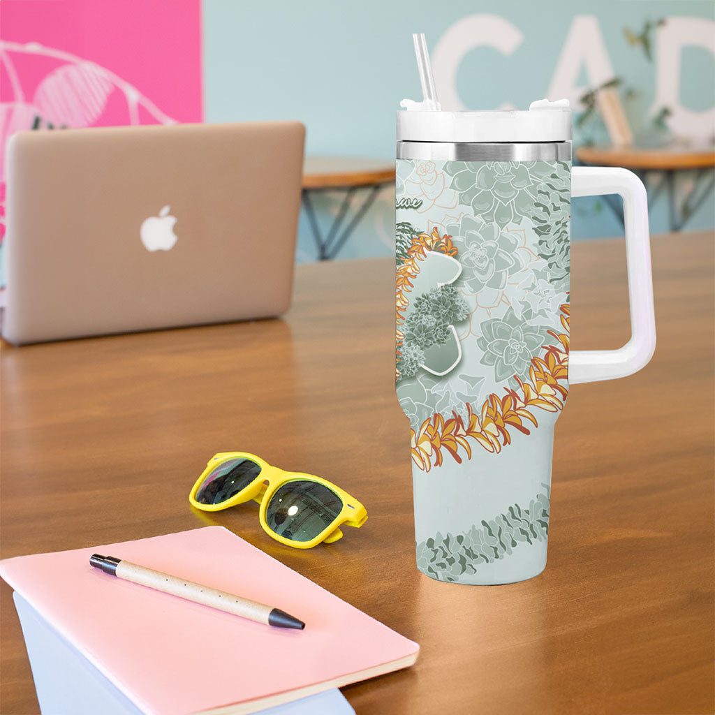 Hawaii Kaho'olawe Island Flowers Lei Tumbler With Handle Silver Hinahina Kū Kahakai