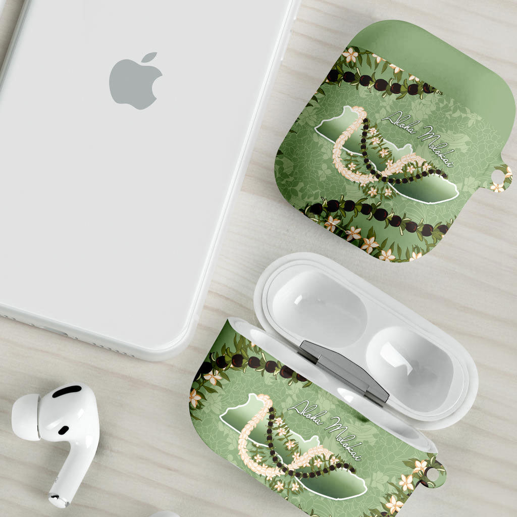 Hawaii Molokai Island Flowers Lei AirPods Case Kukui Nut Mossy Green