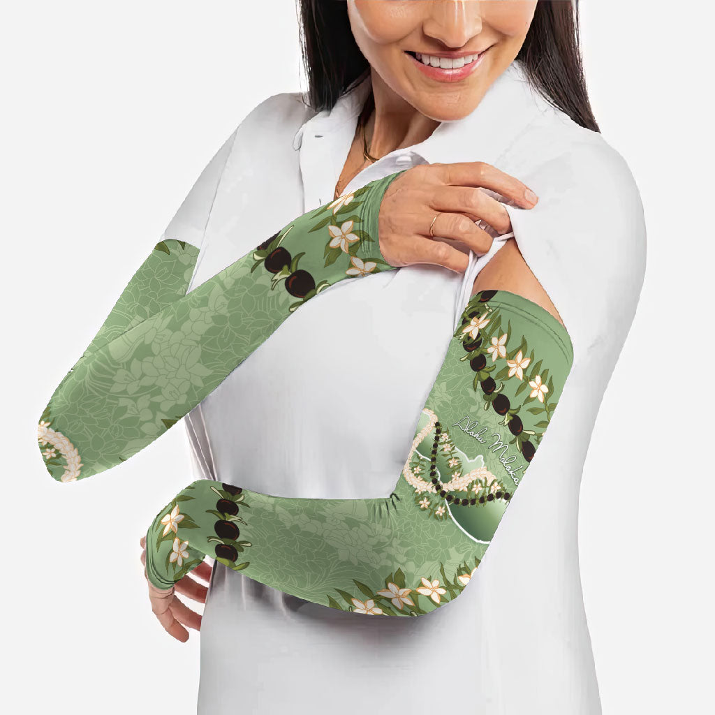 Hawaii Molokai Island Flowers Lei Arm Sleeves Kukui Nut Mossy Green