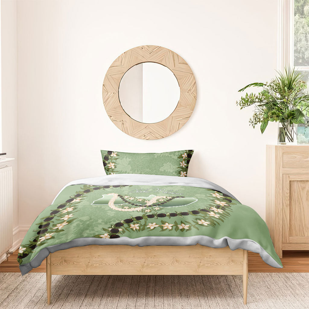 Hawaii Molokai Island Flowers Lei Bedding Set Kukui Nut Mossy Green