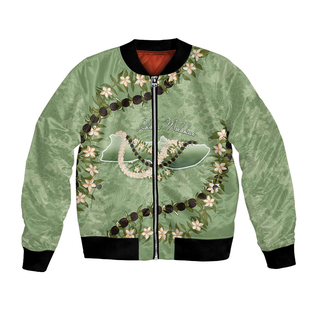 Hawaii Molokai Island Flowers Lei Bomber Jacket Kukui Nut Mossy Green