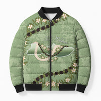 Hawaii Molokai Island Flowers Lei Bomber Puffer Jacket Kukui Nut Mossy Green