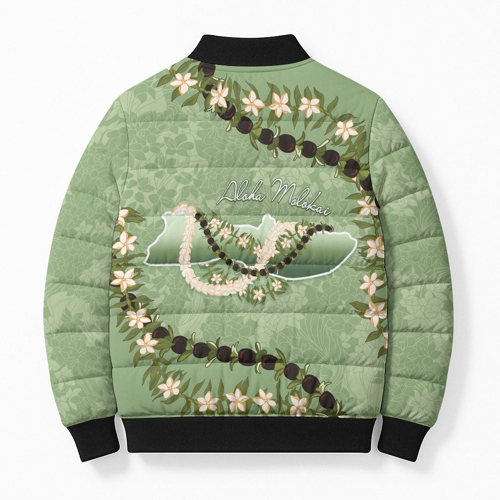 Hawaii Molokai Island Flowers Lei Bomber Puffer Jacket Kukui Nut Mossy Green