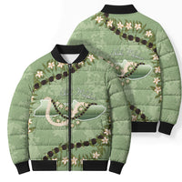 Hawaii Molokai Island Flowers Lei Bomber Puffer Jacket Kukui Nut Mossy Green