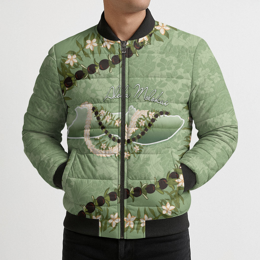 Hawaii Molokai Island Flowers Lei Bomber Puffer Jacket Kukui Nut Mossy Green