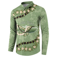 Hawaii Molokai Island Flowers Lei Button Sweatshirt Kukui Nut Mossy Green