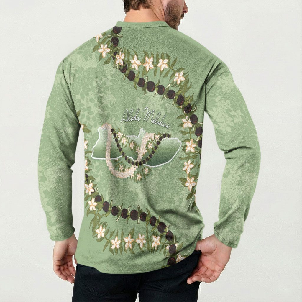 Hawaii Molokai Island Flowers Lei Button Sweatshirt Kukui Nut Mossy Green