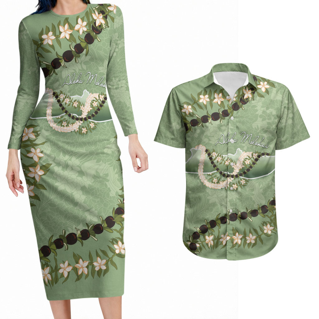 Hawaii Molokai Island Flowers Lei Couples Matching Long Sleeve Bodycon Dress and Hawaiian Shirt Kukui Nut Mossy Green LT7 Moss Green - Polynesian Pride