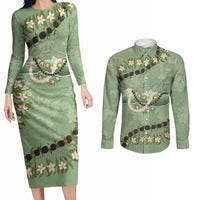 Hawaii Molokai Island Flowers Lei Couples Matching Long Sleeve Bodycon Dress and Long Sleeve Button Shirt Kukui Nut Mossy Green