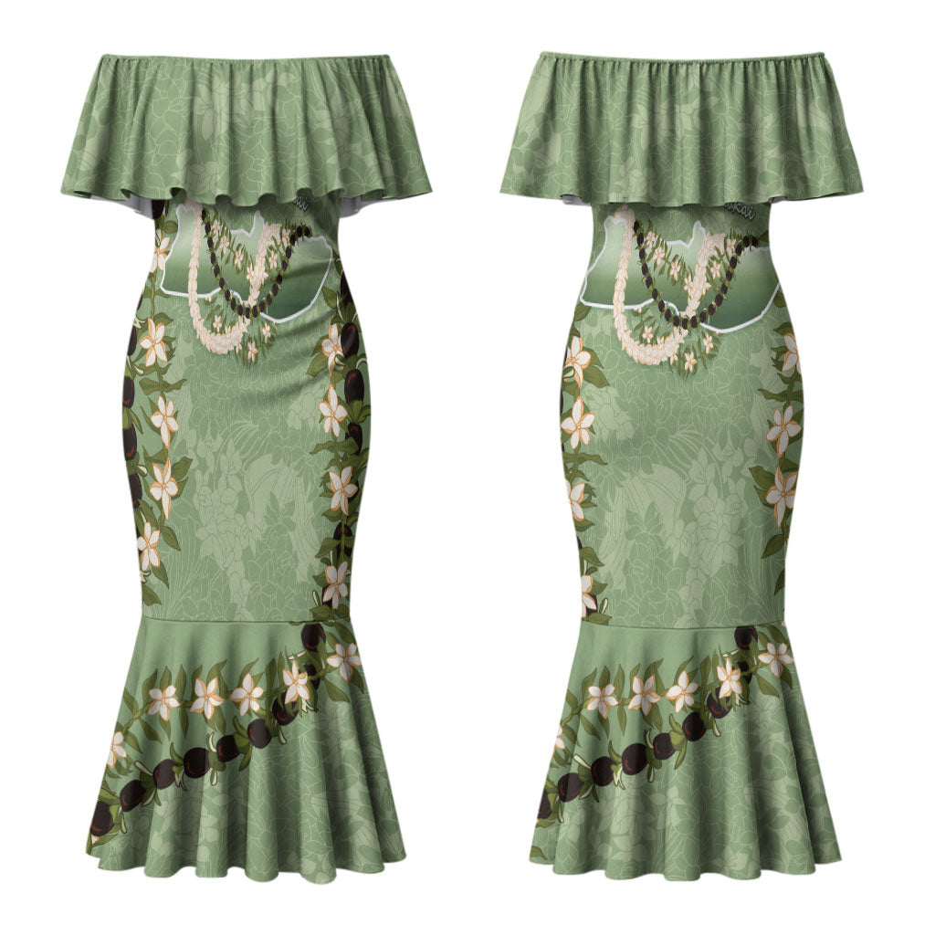 Hawaii Molokai Island Flowers Lei Couples Matching Mermaid Dress and Hawaiian Shirt Kukui Nut Mossy Green