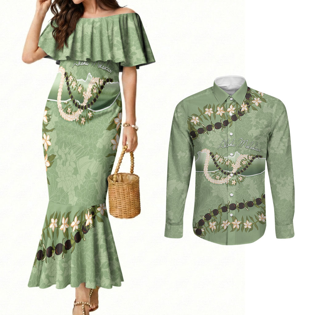 Hawaii Molokai Island Flowers Lei Couples Matching Mermaid Dress and Long Sleeve Button Shirt Kukui Nut Mossy Green