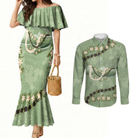 Hawaii Molokai Island Flowers Lei Couples Matching Mermaid Dress and Long Sleeve Button Shirt Kukui Nut Mossy Green